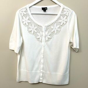 East 5th Women’s Sz XL White Short Sleeve Cardigan Button Down Crochet Detail